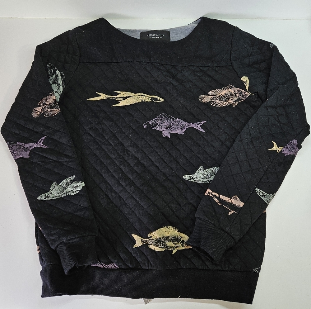 Maison Scotch & Soda Black Quilted Fish Back Zipper Pullover Sweatshirt XS